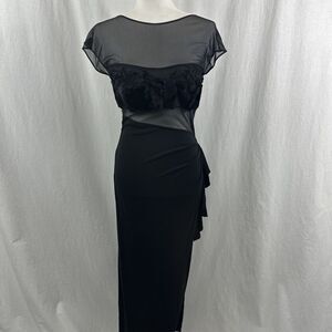Orna Farho Paris Amelia Black Sheer Velvet Burnout Ruched Ruffle Maxi Dress M